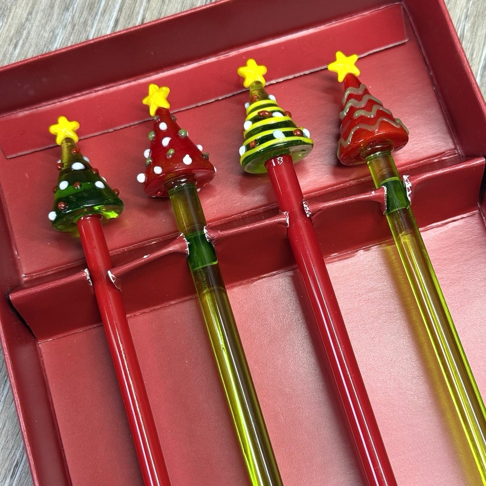 PIER 1 IMPORTS Glass Swizzle Stir Sticks Lot Of Four (4) Christmas Trees Stars - Picture 3 of 8